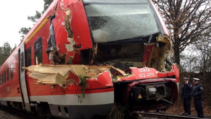 In Bayreuth-Nürnberg wurde ein Regionalzug von einem Baum getroffen, der Triebwagen wurde demoliert. (Bild: EPA)