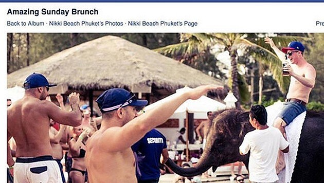 Mittlerweile gelöschte Fotos auf Facebook zeigen betrunkene Gäste, die auf dem Elefantenbaby reiten. (Bild: Facebook.com/Nikki Beach Phuket)