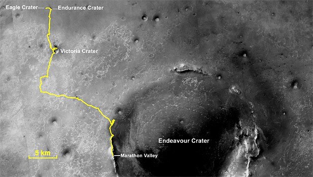 Die gelbe Markierung zeigt die Strecke, die "Opportunity" bisher zurückgelegt hat. (Bild: NASA/JPL-Caltech/MSSS/NMMNHS)