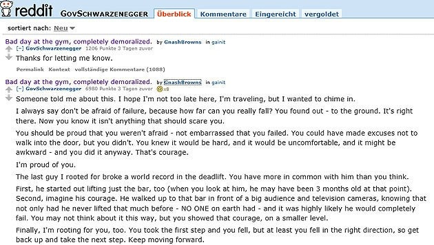 Arnold Schwarzenegger baute im Chat einen junge Bodybuilder wieder auf: "Ich bin stolz auf dich." (Bild: reddit.com)