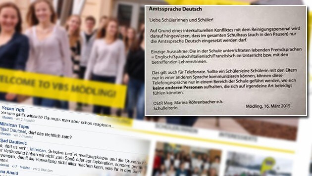 Das Direktionsschreiben zum Thema "Amtssprache" soll am Montag in der Schule aufgehängt worden sein. (Bild: Screenshot Facebook, Screenshot moedling.vbs.ac.at)