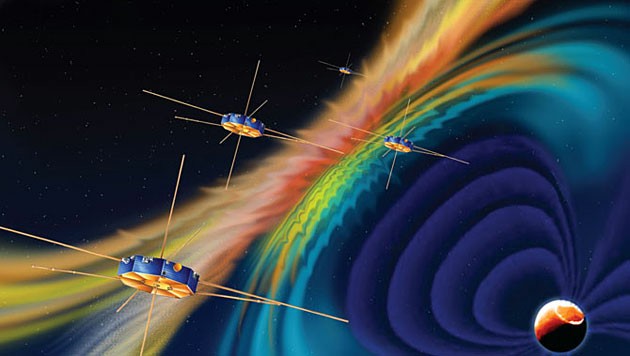 Künstlerische Darstellung der vier Satelliten und des Erdmagnetfeldes (Bild: Southwest Research Institute)