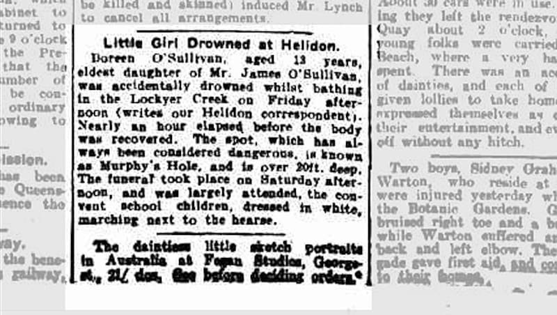 Ein Zeitungsbericht zum tragischen Tod von Doreen O'Sullivan im Jahr 1915 (Bild: Screenshot trove.nla.gov.au)