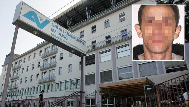 Das Kopfschuss-Opfer des mutmaßlichen Täters Zarko J. (kl. Bild) türmte aus dem Spital in Meidling. (Bild: Andi Schiel, Justiz)