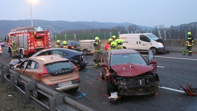 Insgesamt acht Fahrzeuge waren in den Unfall auf der A22 verwickelt. (Bild: APA/FF KORNEUBURG/MICHAEL ZÖGER)