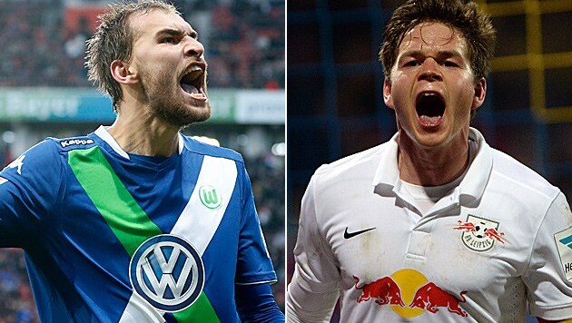 Wolfsburgs Bas Dost (li.) und RB Leipzigs Dominik Kaiser (Bild: AP, GEPA)
