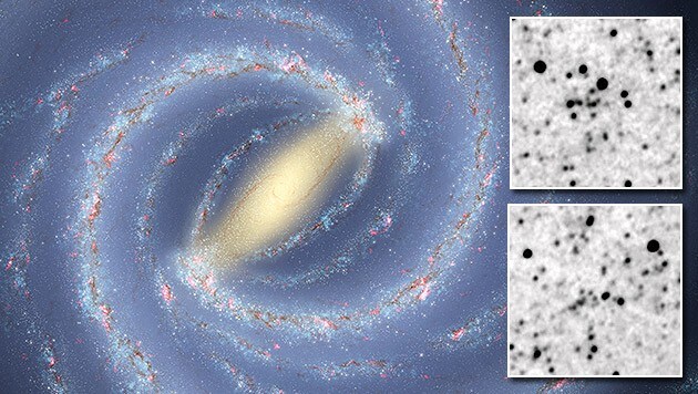 Links die Milchstraße, rechts die Sternenhaufen Camargo 439 (oben) und 438 (unten) (Bild: NASA/JPL-Caltech/ESO/R. Hurt, D. Camargo/WISE)