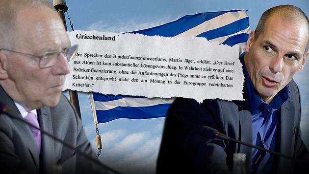 Schäuble und Varoufakis; Ausschnitt aus der Erklärung der deutschen Regierung zu Athens Antrag (Bild: twitter.com, AP, thinkstockphotos.de, krone.at-Grafik)
