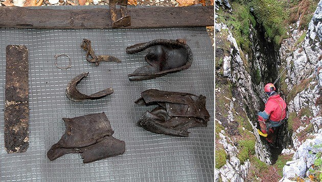Ausrüstungsgegenstände wurden ebenfalls in der Höhle am Untersberg (rechts) gefunden. (Bild: APA/NEUMAYR/MMV, APA/POLIZEI/UNBEKANNT)