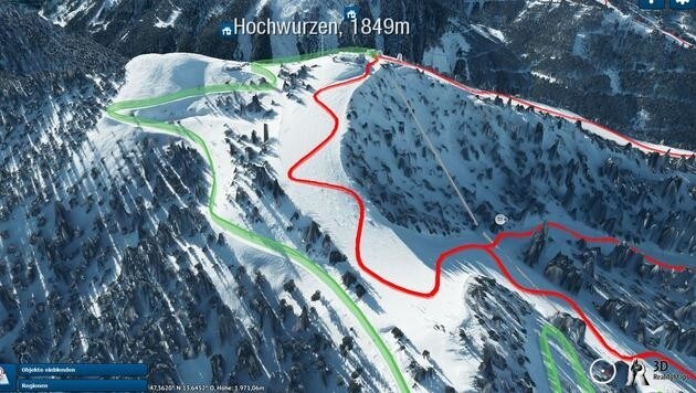 Die Engländer nahmen statt der Rodelbahn (grün markiert) die Skipiste (rot). (Bild: Planai Hochwurzen Bahnen)