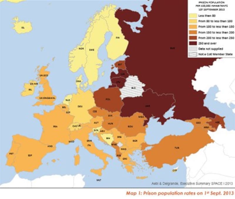 Häftlinge in Europa je 100.000 Einwohner (Bild: aus dem Space-I-Bericht 2013 vom Council of Europe)