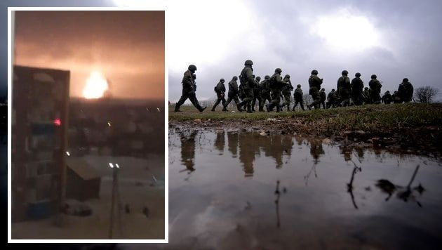Russische Soldaten, die Explosion (kleines Bild) (Bild: AFP, Twitter.com/officejjsmart)