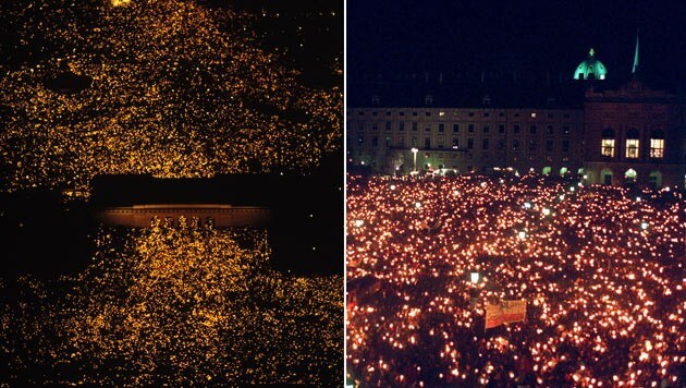 250.000 bis 300.000 Österreicher nahmen 1993 am "Lichtermeer" auf dem Wiener Heldenplatz teil. (Bild: APA/Kurt Keinrath, Ulrich Schnarr)