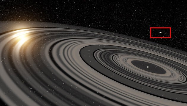 ... und im Größenvergleich (rot markiert) das Ringsystem von Saturn. (Bild: Ron Miller)