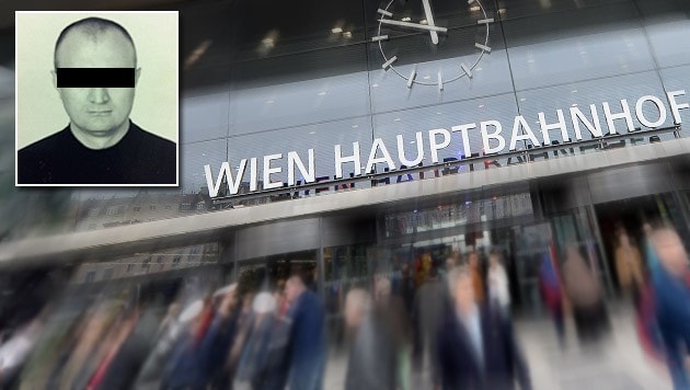 Für den Russen Aslan G. klicken am Wiener Hauptbahnhof die Handschellen. (Bild: APA/Roland Schlager, Interpol, krone.at-Grafik)