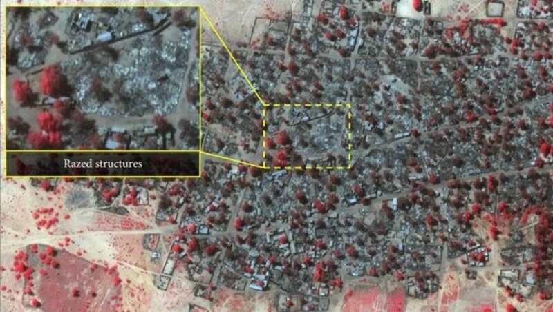 Satellitenbilder zeigen die Folgen der fatalen Attacke auf Baga und umliegende Ortschaften. (Bild: Amnesty International)