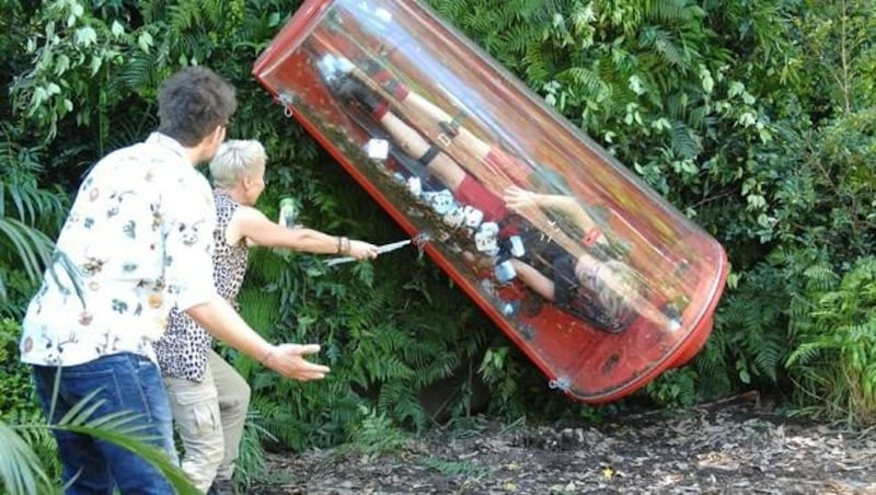 Bei ihrer Dschungelprüfung wird Sara ordentlich durchgeschüttelt. (Bild: RTL/Stefan Menne)