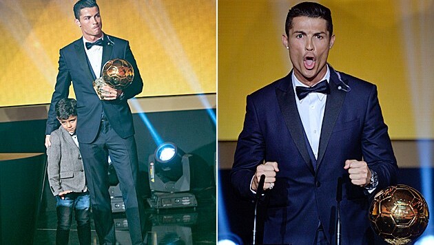 Cristiano Ronaldo mit seinem Sohn (li.) und beim Jubelschrei (Bild: AP)