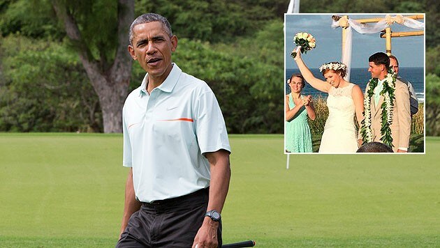 Wegen Obamas Golfspiel wäre die Hochzeit von Natalie Heimel und Edward Mallue beinahe geplatzt. (Bild: AP, instagram.com/pagoodes89)