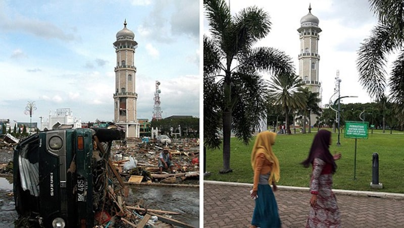 Die folgenden Bilder zeigen die Zerstörung im Jahr 2004 und die Entwicklung bis zum Jahr 2014. (Bild: APA/EPA/HOTLI SIMANJUNTAK)