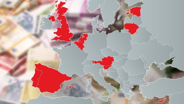In Rot: die Länder mit den höchsten Bankenhilfen in der EU (Bild: thinkstockphotos.de, krone.at-Grafik)