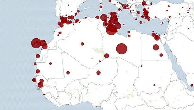 Die Karte zeigt, wo die meisten Menschen auf der Flucht nach Europa sterben - siehe Link unten. (Bild: CARTODB)
