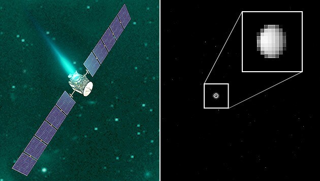 Das erste Foto der Sonde "Dawn" (links) von Zwergplanet Ceres (rechts) (Bild: NASA/JPL-Caltech/MPS/DLR/IDA, NASA/UCLA/IDA)