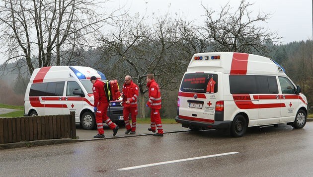 Drei Rettungsautos sowie ein Hubschrauber waren im Zuge der Bissattacke in OÖ im Einsatz. (Bild: Daniel Scharinger)