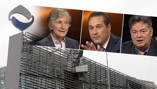 Drei Diskutanten: Kommissionsvorsitzende Griss, FPÖ-Chef Strache, Grünen-Finanzsprecher Kogler (Bild: Screenshot ORF TVthek, APA/EPA/GERT EGGENBERGER)
