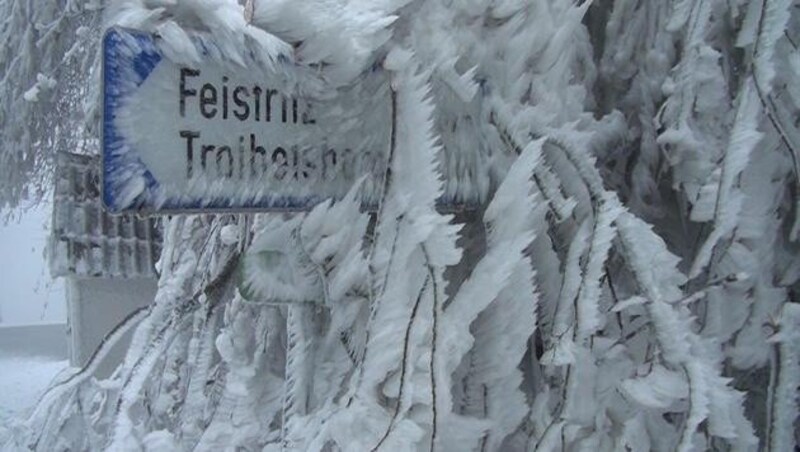 Eine dicke Eisschicht überzieht das Ortsschild. (Bild: Einsatzdoku.at)