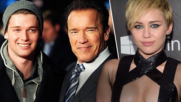 Patrick Schwarzenegger, Arnold Schwarzenegger und Miley Cyrus (Bild: AFP, FACUNDO ARRIZABALAGA/EPA/picturedesk.com)