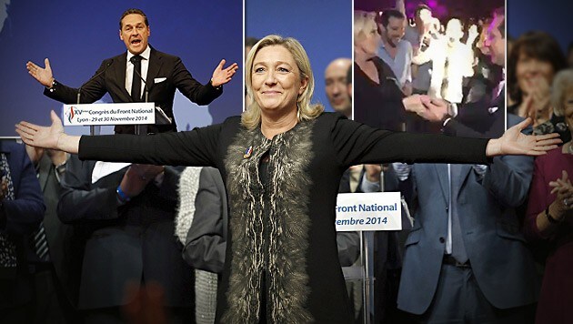 Le Pen wurde einstimmig als Vorsitzende des Front National bestätigt - Strache feierte mit. (Bild: AP, facebook.com, krone.at-Grafik)