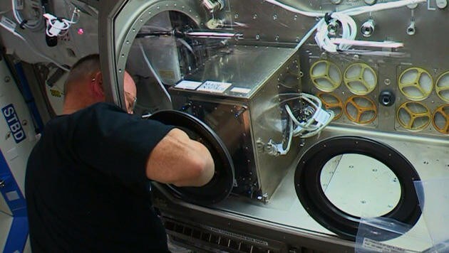 Der 3D-Drucker in der Microgravity Science Glovebox an Bord der ISS (Bild: NASA TV)