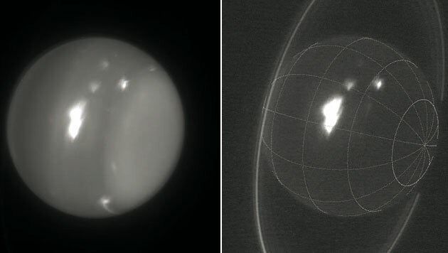Infrarot-Aufnahmen der Stürme (weiße Flecken) auf Uranus (Bild: © Imke de Pater (UC Berkeley) & Keck Observatory)