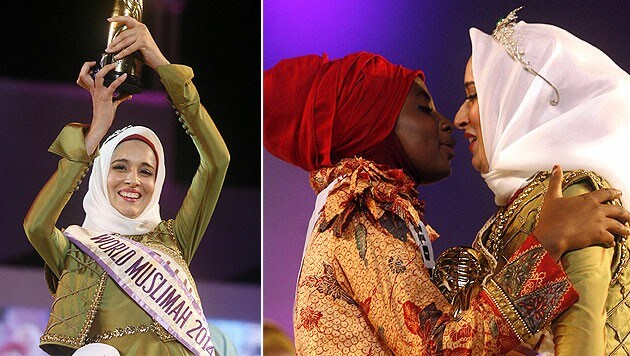 Fatma Ben Guefrech mit ihrem Preis. Bild re.: Küsschen von Vorjahressiegerin Obabiyi Aishah Ajibola (Bild: APA/EPA/BIMO SATRIO)