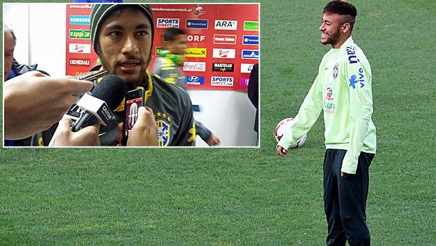 Neymar beim Training (rechts) und im Kabinen-Trakt des Happel-Stadions am Donnerstag (Bild: AP, Michael Fally)