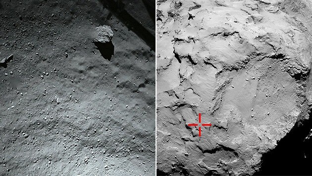 Bilder von "Tschuris" Oberfläche. Die rote Markierung (re.) zeigt "Philaes" erste Landestelle. (Bild: ESA/Rosetta/Philae/ROLIS/DLR, ESA/MPS for OSIRIS Team)