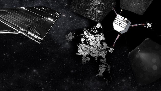 Links im Bild ein Teil von "Rosetta", rechts das erste Panoramafoto samt Darstellung von "Philae". (Bild: ESA/Rosetta/Philae/CIVA/HANDOUT, AP, EPA)
