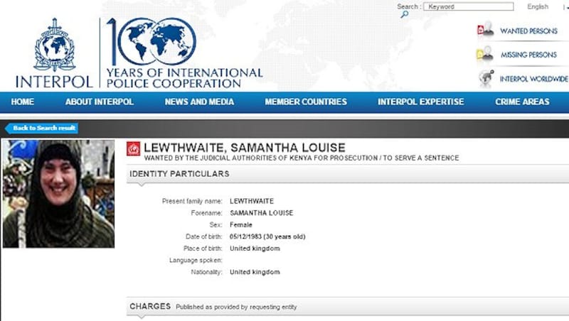 Samantha Lewthwaite alias die "Weiße Witwe" auf der "Wanted persons"-Webseite von Interpol (Bild: Interpol.int)