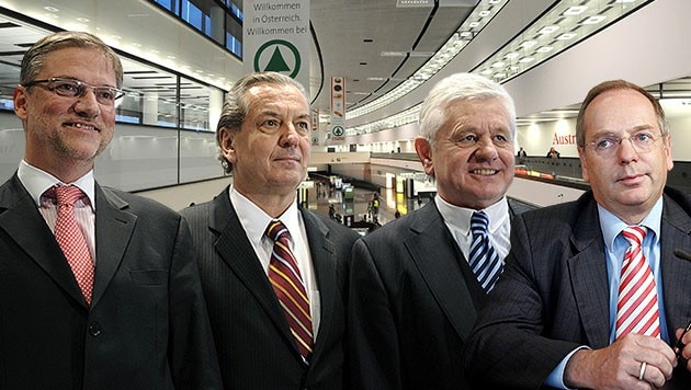 Die früheren Vorstandsdirektoren Schmid, Kaufmann, Gabmann und Domany (Bild: APA/HELMUT FOHRINGER, APA/ROLAND SCHLAGER, krone.at-Grafik)