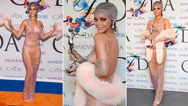 Rihanna holte sich im sexy Outfit ihren Preis als "Fashion Ikone" ab. (Bild: Charles Sykes/Invision/AP)