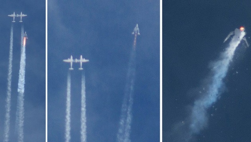 "SpaceShipTwo" explodierte in rund 15 Kilometern Höhe und brach auseinander. (Bild: AP)