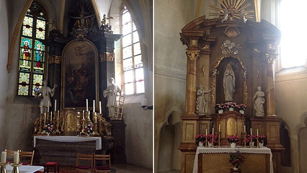 Die Kirchenräuber ließen sogar die wertvolle Mutter-Gottes-Statue (re. Bild) mitgehen. (Bild: Josef Renz)
