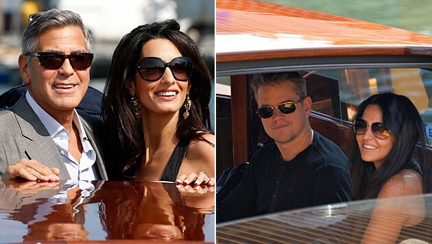 Geroge Clooney und Amal Alamuddin sind ebenso schon in Venedig wie Matt Damon und seine Luciana. (Bild: AP)