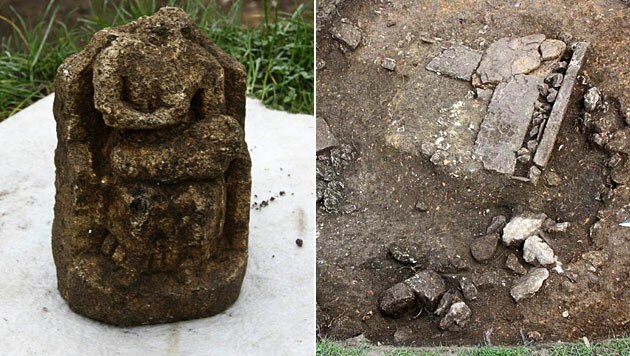 Die keltisch-römische Muttergottheit (links) und die Fundstelle (rechts) (Bild: ASIST/Bernhard Schrettle)
