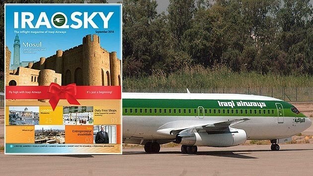 In der September-Ausgabe von "Iraq Sky" werden Flüge in die IS-Hochburg Mossul prominent beworben. (Bild: Twitter.com/IraqSky, Ali Abbas/EPA/picturedesk.com)