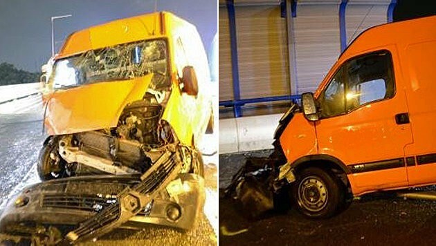 Der Kleintransporter wurde bei dem Unfall auf der A23 schwer beschädigt. (Bild: Polizei)