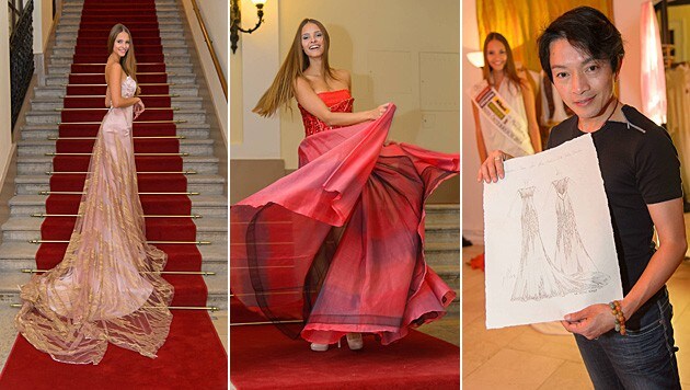 Designer La Hong entwirft das Kleid für "Miss" Julia Furdea. (Bild: ViennaPress/Andreas Tischler)