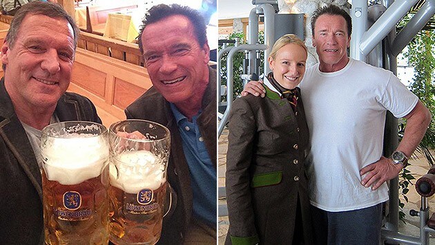 Arnold Schwarzenegger mit Ralf Möller auf der Wiesn und Maria Hauser beim "Stanglwirt". (Bild: facebook.com/RalfMoeller, Stanglwirt)