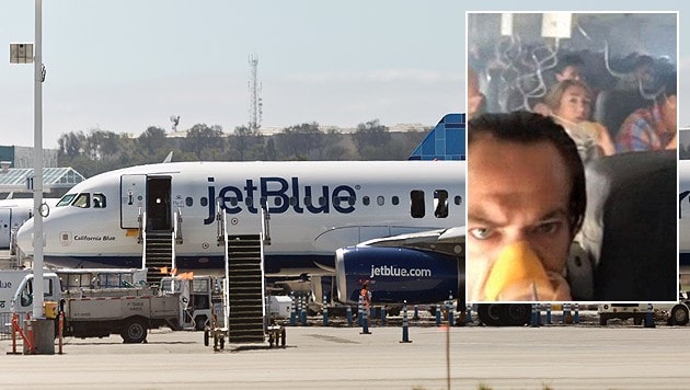 Dieser Airbus musste notlanden. Passagier Jared West (kl. Bild) filmte die bangen Sekunden mit. (Bild: AP, Jared West)